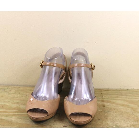 Prada Sandals 39.5 Brown Patent Leather Nude Vernice Wedge Buckle Shoes Italy - Picture 2 of 16